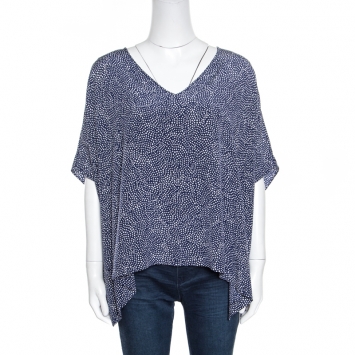 Pre Owned Diane Von Furstenberg Navy Blue and White Dotted Silk Dolman Sleeve Top S