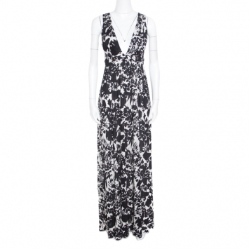 Pre Owned Diane Von Furstenberg Monochrome Floral Printed Jersey Cover Up Kandace Maxi Dress L