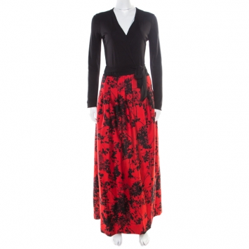 مملوكة مسبقًا Diane Von Furstenberg Black and Red Floral Print Kailey Wrap Gown S 