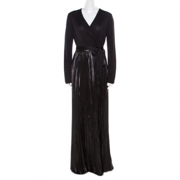 Pre Owned Diane Von Furstenburg Black Metallic Plisse Heavyn Wrap Maxi Dress M