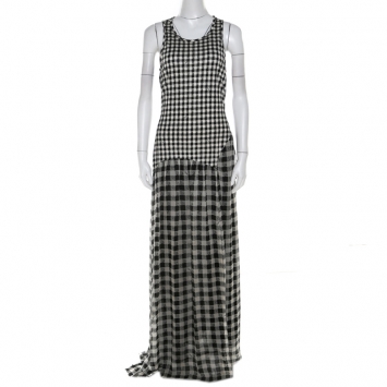 Pre Owned Diane Von Furstenberg Black and White Checkered Silk Davina Maxi Dress M 