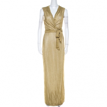 Pre Owned Diane Von Furstenberg Metallic Gold Knit Sleeveless Maxi Wrap Dress M 