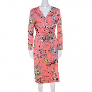 Pre Owned Diane von Furstenberg Coral Pink Flora and Fauna Print Silk Wrap Dress L