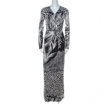 Pre Owned Diane von Furstenberg Black & White Printed Silk Jersey Georgina Wrap Dress S