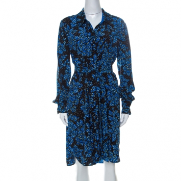 Pre Owned Diane von Furstenberg Black & Cobalt Blue Floral Print Silk Belted Shirt Dress L