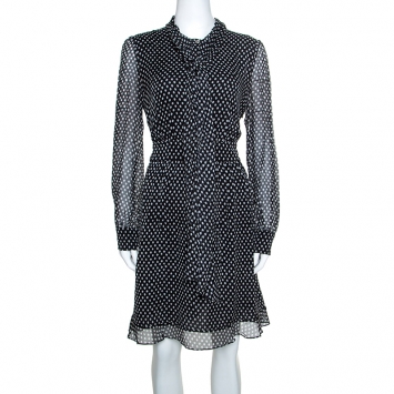 Pre Owned Diane von Furstenberg Black Dot Print Silk Tie Neck Detail Arabella Dress M