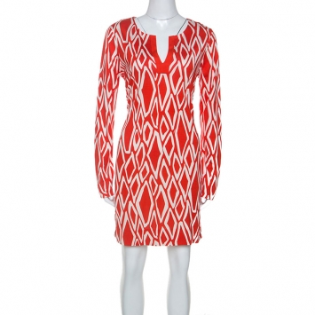 Pre Owned Diane Von Furstenberg Red Printed Silk Jersey Reina Tunic Dress L