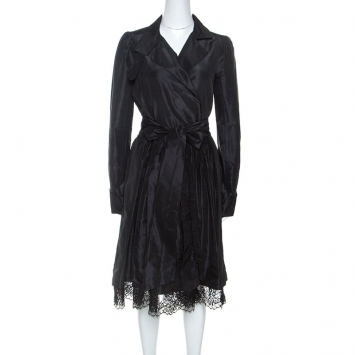 Pre Owned Diane Von Furstenberg Black Silk Taffeta Lace Trim Costa Wrap Dress M