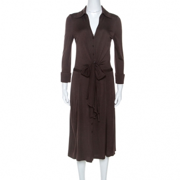 Pre Owned Diane Von Furstenberg Brown Jersey Tie Waist Eli Shirt Dress M