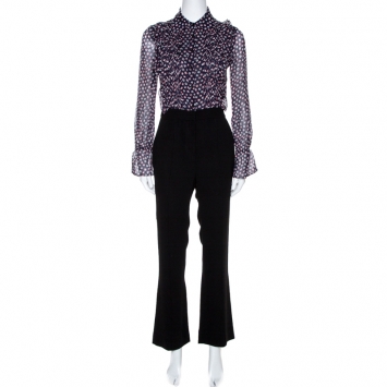 Pre Owned Diane von Furstenberg Black Printed Silk Ruffled Ariella Jumpsuit XS