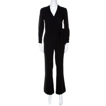 Pre Owned Diane Von Furstenberg Black Crepe Belted Jumpsuit XS 
