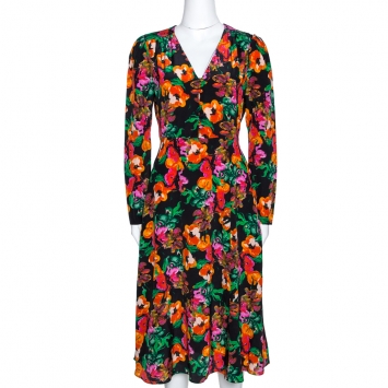 Pre Owned Diane von Furstenberg Black Floral Print Silk Midi Dress M