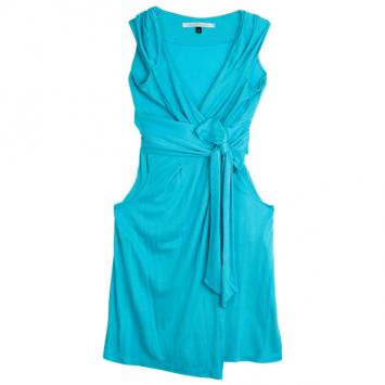 Pre Owned Diane Von Furstenberg Aqua Celosa Cotton Wrap Dress XXS