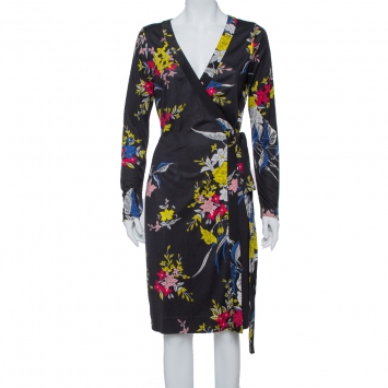 Pre Owned Diane Von Furstenberg Black Floral Printed Silk Camden Wrap Dress M