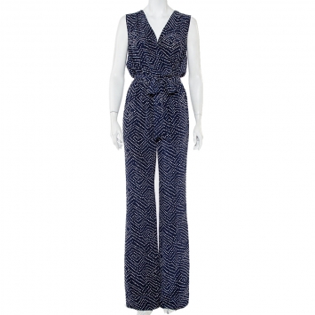 Pre Owned Diane Von Furstenberg Navy Blue and White Dotted Silk Belted Eva Jumpsuit M