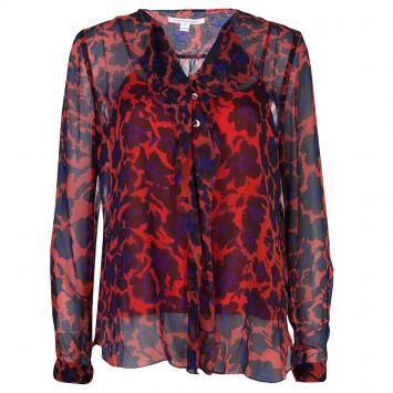 Pre Owned Diane Von Furstenberg Red Silk Floral Print Ruffle Detail Reese Blouse M