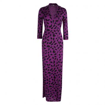 Pre Owned Diane Von Furstenberg Purple Leaf Pattern Abigail Vintage Wrap Dress S