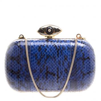 Pre Owned Diane Von Furstenberg Blue/Black Snake Skin Evil Eye Minaudiere Clutch