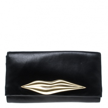 Pre Owned Diane Von Furstenberg Black Leather Carolina Lips Clutch