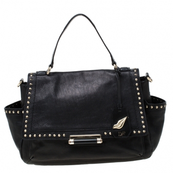 Pre Owned Diane Von Furstenberg Black Studded Leather Faceted Top Handle Bag