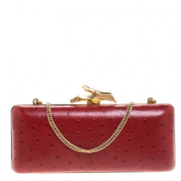 Pre Owned Diane Von Furstenberg Red Ostrich Embossed Leather Tonda Clutch
