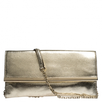Pre Owned Diane Von Furstenberg Metallic Gold Lizrad Embossed Leather Chain Clutch 