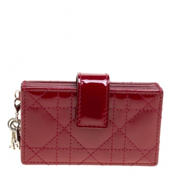 Pre Owned Dior Maroon Cannage Patent Leather Gusset Card Holder