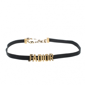 Pre Owned Dior J'Adior Black Ribbon Gold Tone Slide Pendant Choker Necklace