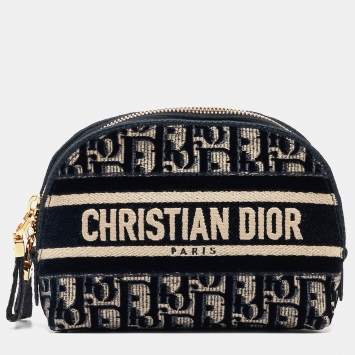 Pre Owned Dior Navy Blue/White Oblique Velvet Cosmetic Pouch