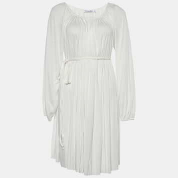 Pre Owned Dior White Knit Pleated Flared Dress S