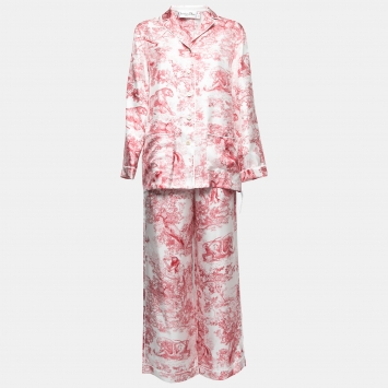 Pre Owned Dior Red Toile de Jouy Motif Silk Chez Moi Pajama Set M