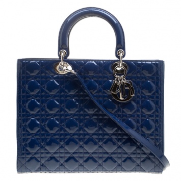 Pre Owned Dior Blue Patent Leather Large Lady Dior Tote