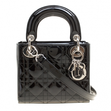 Pre Owned Dior Black Patent Leather Mini Lady Dior Top Handle Bag