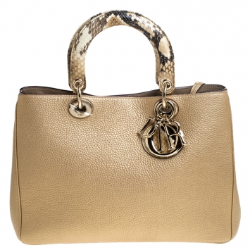 Pre Owned Dior Gold Leather and Python Medium Diorissimo Shopper Tote