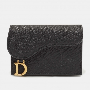 Pre Owned Dior Black Leather Saddle Flap Card Case