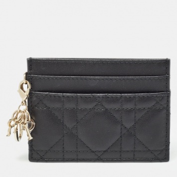 Pre Owned Dior Black Cannage Leather Lady Dior Card Holder