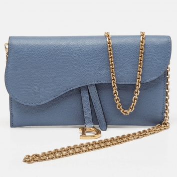 Pre Owned Dior Blue Leather Saddle Wallet on Chain
