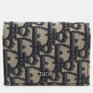 Pre Owned Dior Navy Blue/Black Oblique Canvas and Leather Flap Card Case