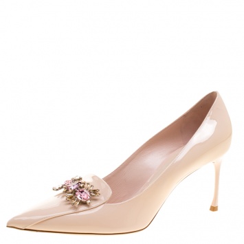 Pre Owned Dior Light Pink Patent Leather Crystal Embellished Pointed Toe Loafer Pumps Size 40