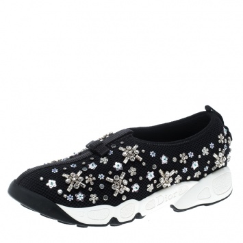 Pre Owned Dior Black Mesh Fusion Crystal Embellished Slip On Sneakers Size 36.5