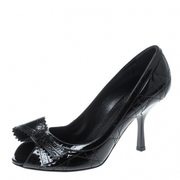 Pre Owned Dior Black Patent Cannage Leather Peep Toe Bow Pumps Size 36.5