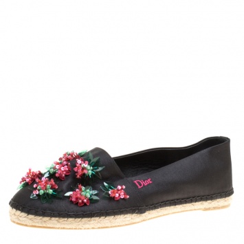 Pre Owned Dior Black Floral Embellished Canvas Espadrille Loafers Size 38
