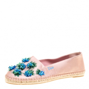 Pre Owned Dior Crepè Pink Floral Embellished Canvas Espadrille Loafers Size 38