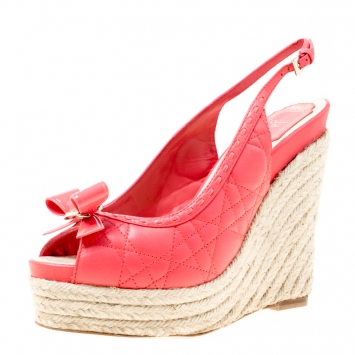 Pre Owned Dior Coral Pink Cannage Leather Espadrille Wedge Peep Toe Slingback Platform Sandals Size 38