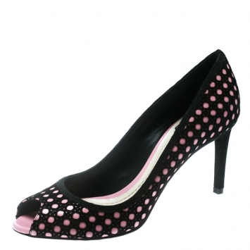 Pre Owned Dior Black Suede With Pink Leather Contrast Cannage Peep Toe Platform Pumps Size 39