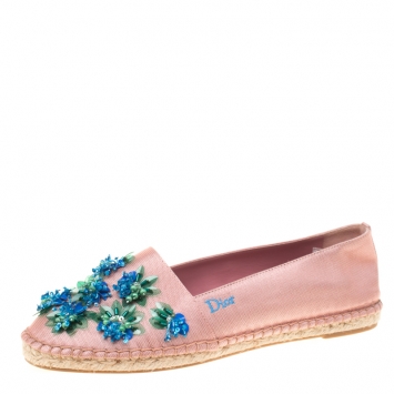 Pre Owned Dior Blush Pink Embellished Fabric Espadrilles Size 38