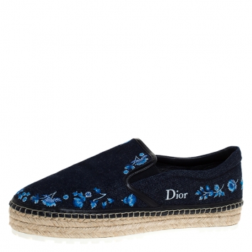 Pre Owned Dior Blue Floral Embroidery Denim Prairie Espadrille Loafers Size 42