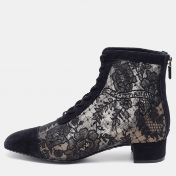 Pre Owned Dior Black Suede and Mesh Embroidered Naughtily-D Ankle Boots Size 39.5