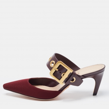 Pre Owned Dior Burgundy/Brown Leather Technical Fabric D Dior Buckle Detail Slide Sandals Size 36.5