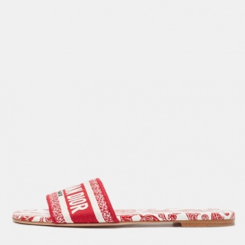 Pre Owned Dior Red/White Embroidered Canvas Dway Flat Slides Size 39